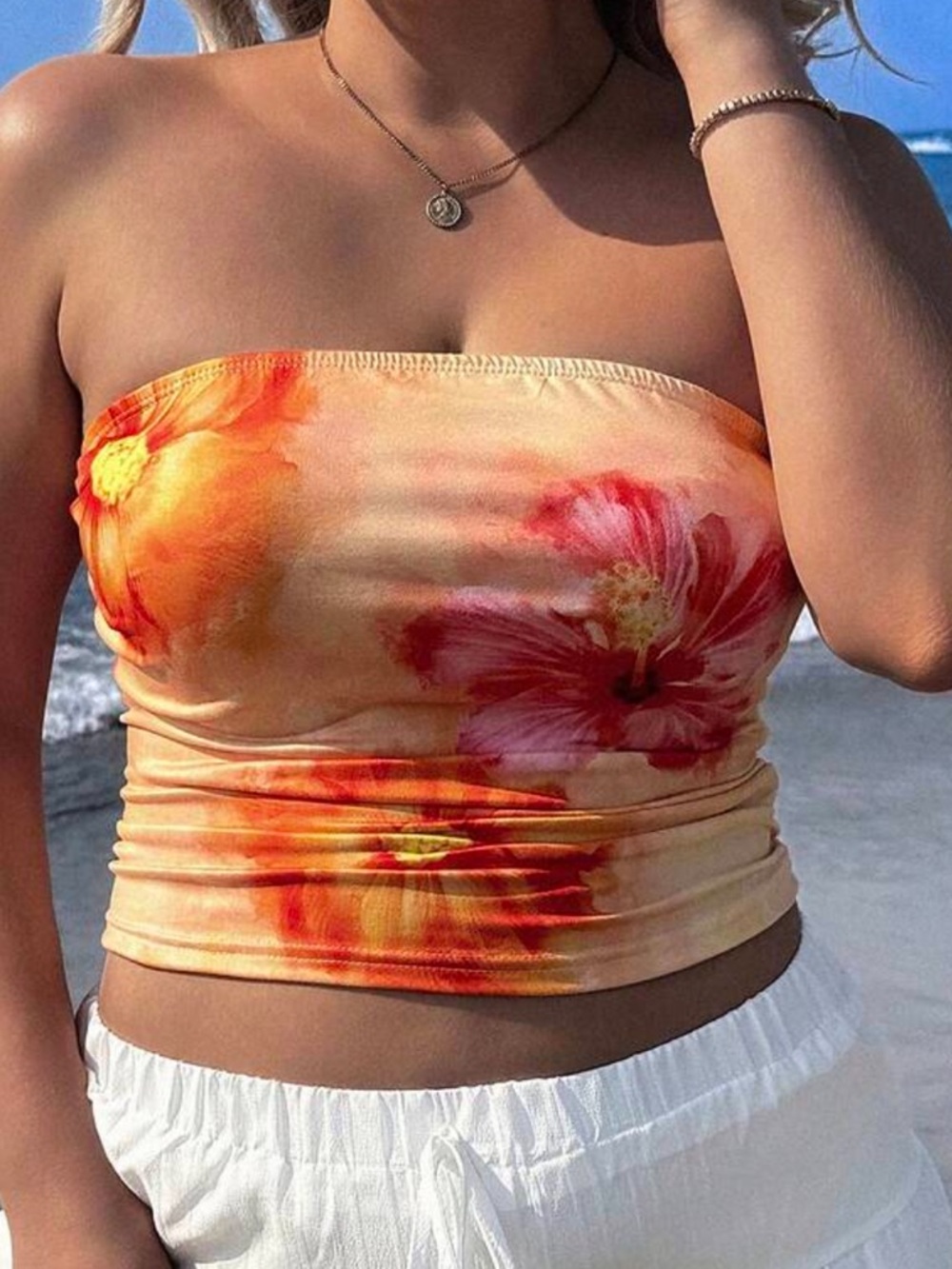 SHEIN Orange Peach Floral Strapless Tube Crop Top